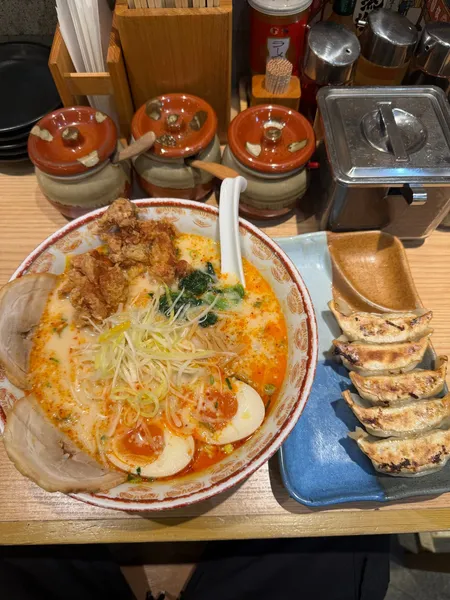 Tonkatsu ramen with karaage, chashu, soft egg and spring onion. Side of pan-fried gyoza.